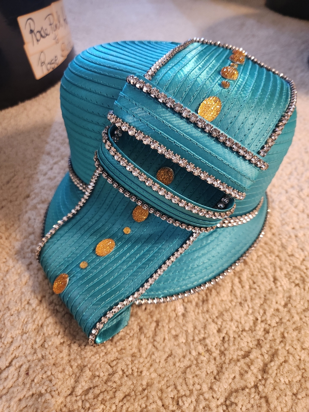 Donna Vinci Couture Teal Rhinestone Gold Statement Church Hat